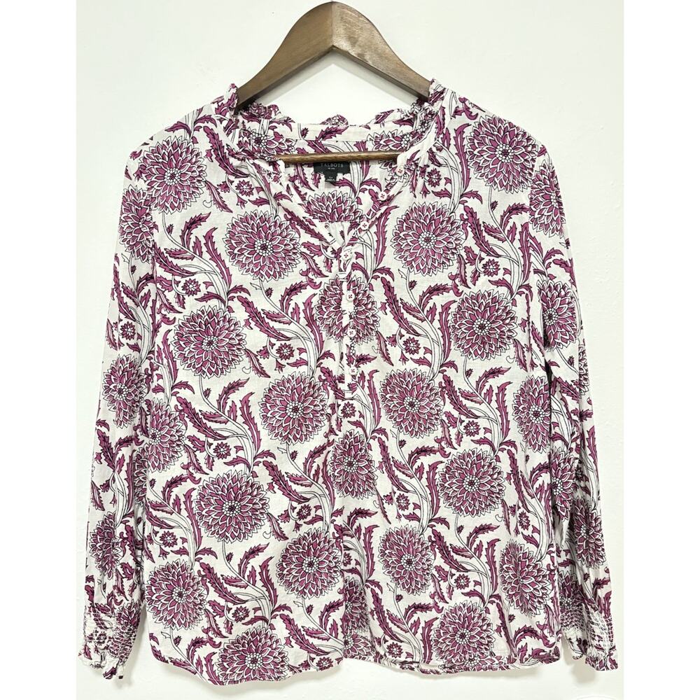 Talbots Petite LP Pink Floral 100% Cotton Peasant Blouse Smocked Cuff Boho Top